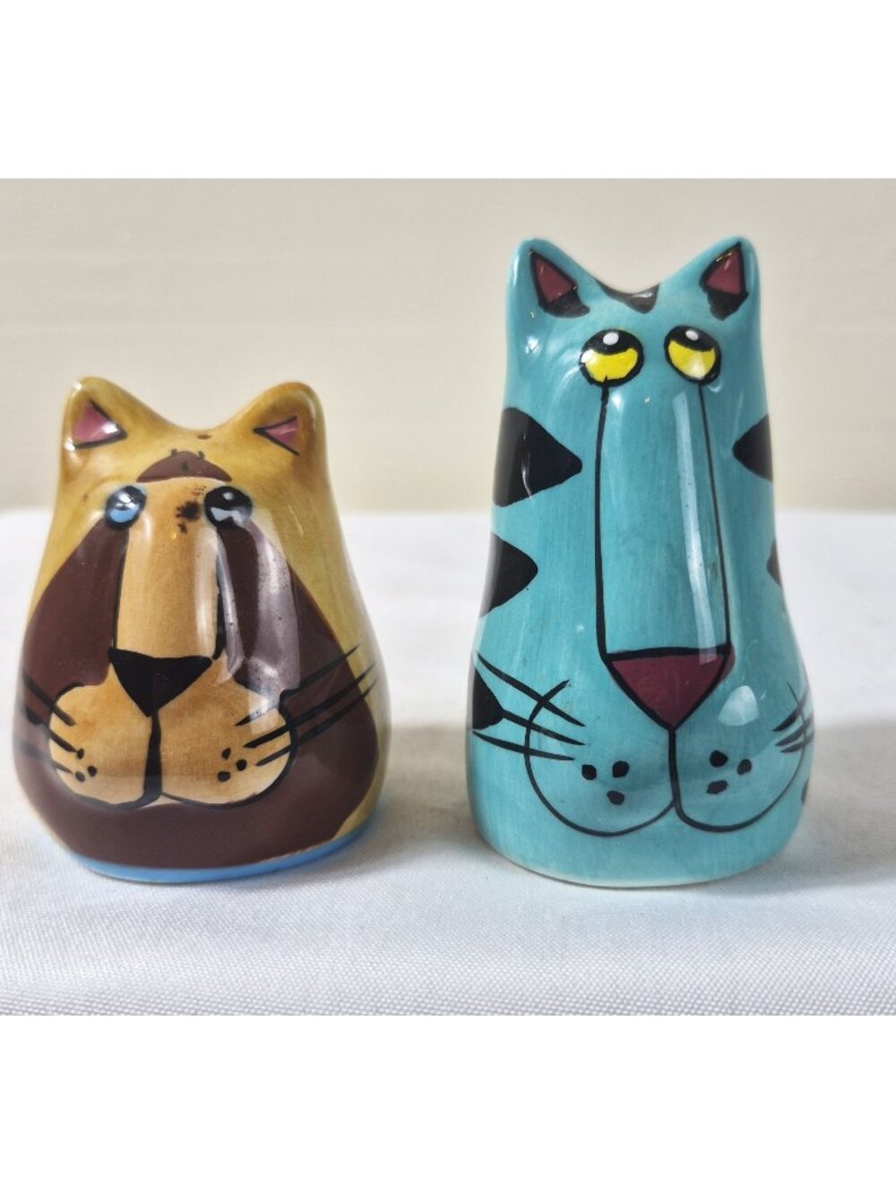 Whimsical Ceramic Cat Salt & Pepper Shakers Blue Brown Funny Folk Art